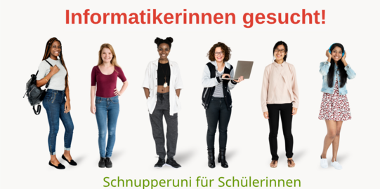 Foto mit Mädchen und PC mit dem Titel "Informatikerinnen gesucht"