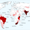 World map showing numbers of case studies per country as identified in recent research by Alan Américo da Silva, Iasmin Kormann da Silva, and René Westerholt