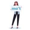 The illustration shows a woman holding up a sign that reads "mait". 