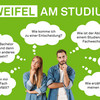 Zweifel am Studium? Mann und Frau mit Denkblasen, in denen Fragen zum Studium stehen.