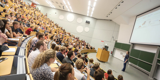 Studierende sitzen in einer Vorlesung im Hörsaal. 